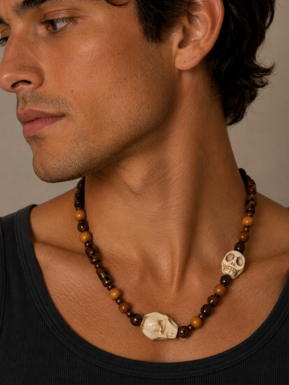 HANDMADE Magnesite Skull Wood Horn Ceramic Beaded Grunge Festival Necklace